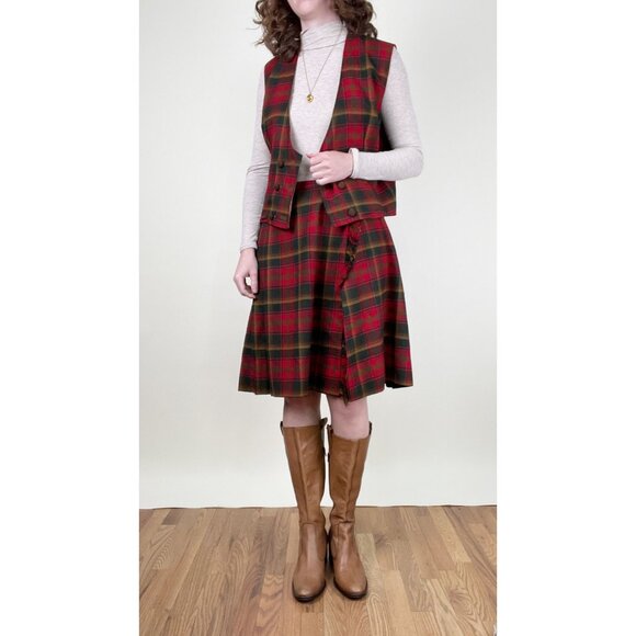 Vintage Handmade Matching Midi Skirt Vest Set Suit Plaid Wool Fall Octoberfest - Picture 4 of 7